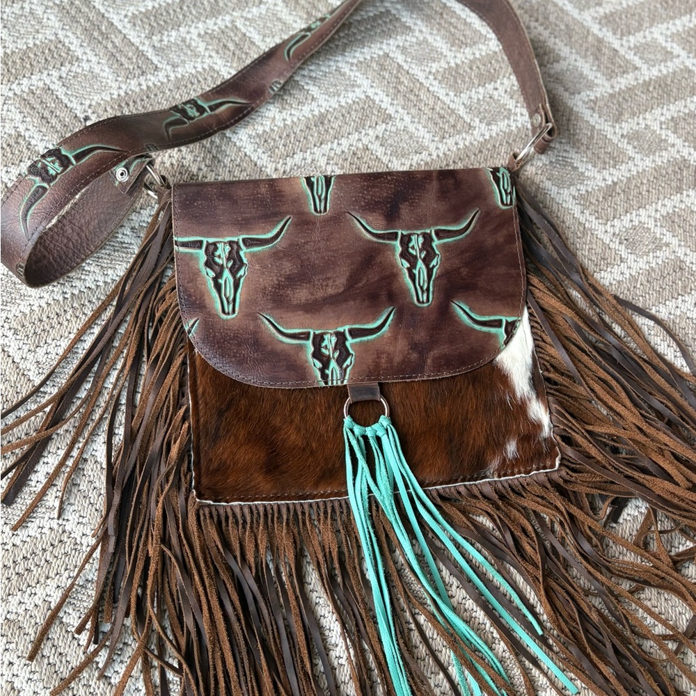 Brown Fringe Crossbody Bag with Turquoise Cow Skull Accents